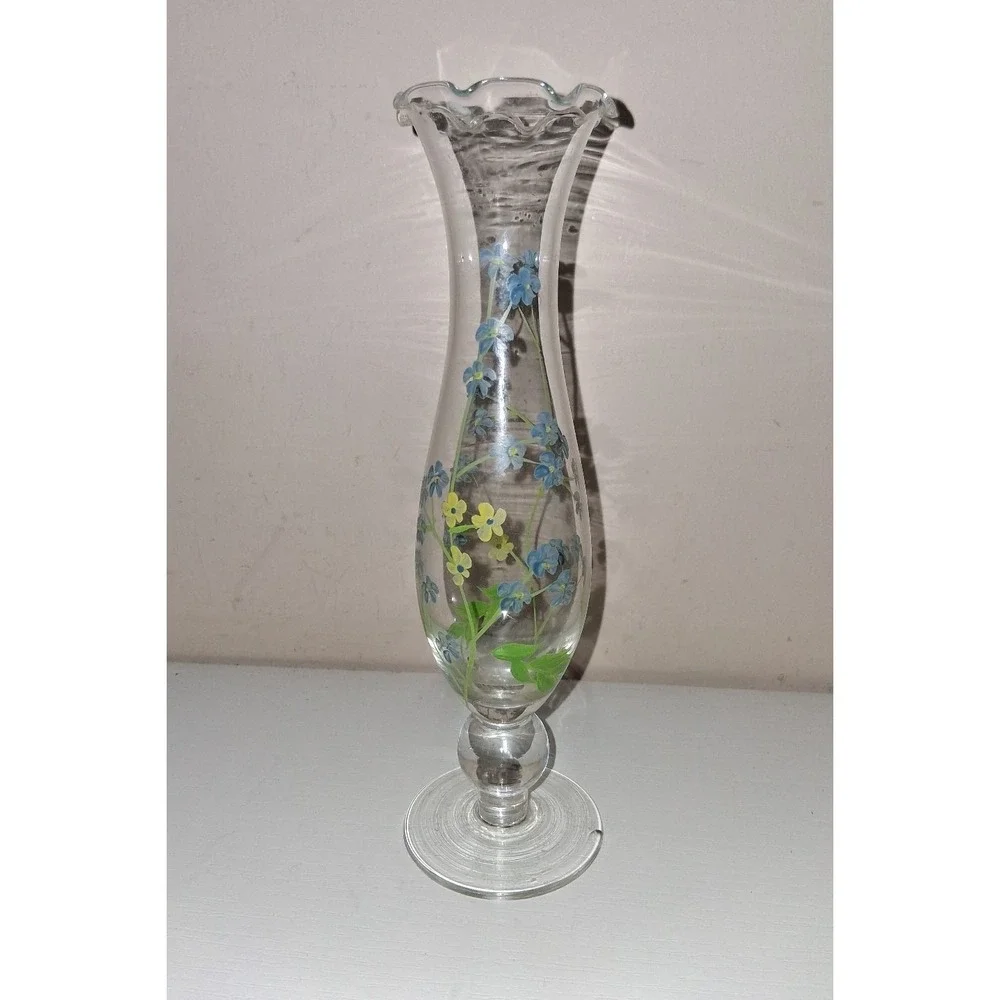 Vintage Hand Painted Glass Bud Vase Forget Me Not Flowers Ruffled Rim 7.5
